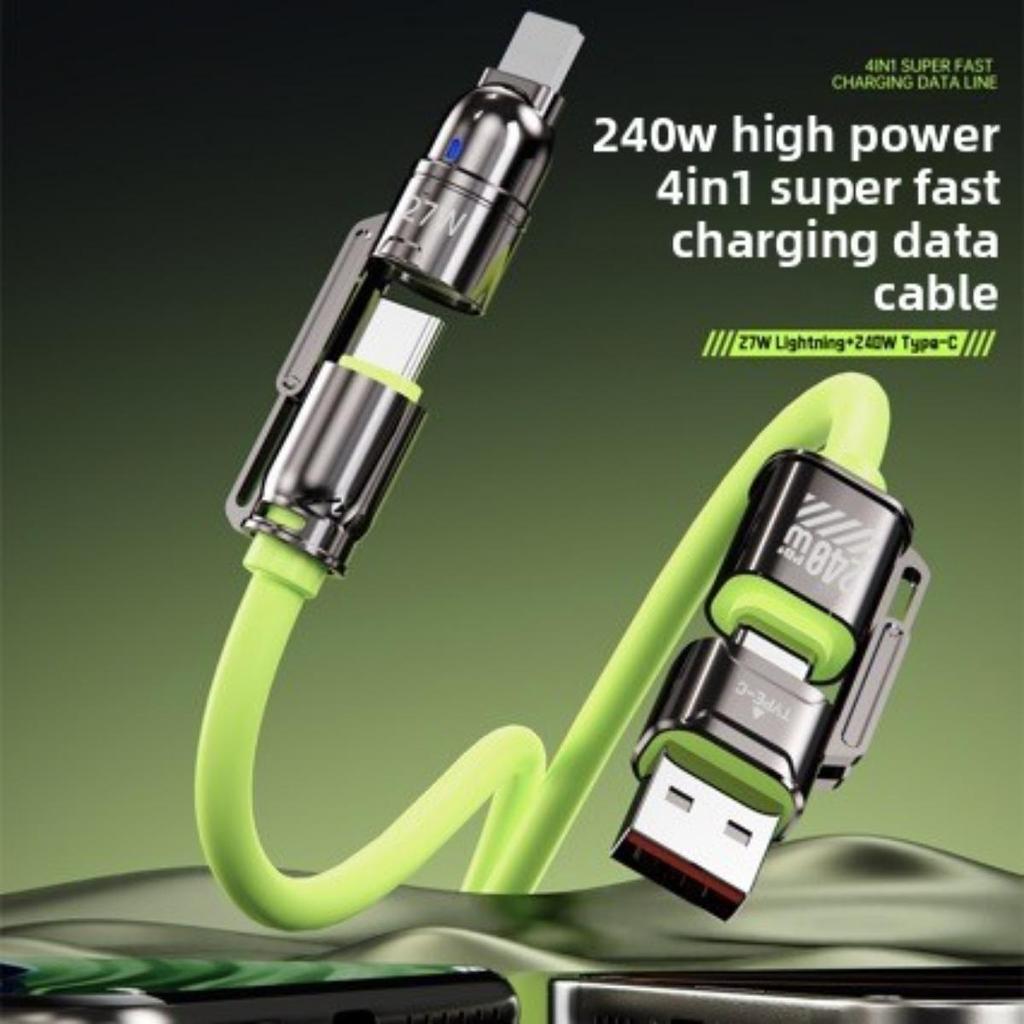 Maximal 240W 4-i-1 Snabbladdningskabel, med två hängande laddningskablar, Utrustad med USB-A/Type-C/Lightning, 4-i-1 Snabbladdningskabel