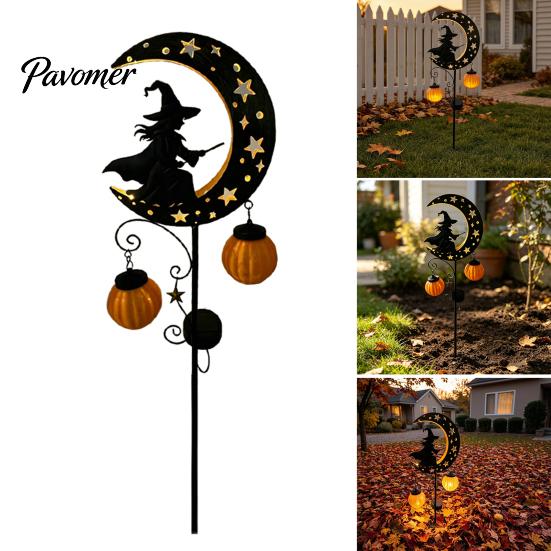 Unique Halloween Gifts for Home Solar Witch Pumpkin Moon Garden Stake Light, Waterproof on Crescent Powered Decorative Stakes with Lantern,