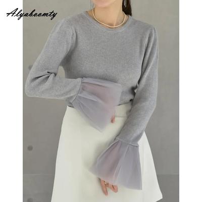 2025 Korean Fashion Spring Autumn Women Basic Sweater Brief O Neck Black Gray Beige Knitted Pullover Flare Sleeve Knitting Top