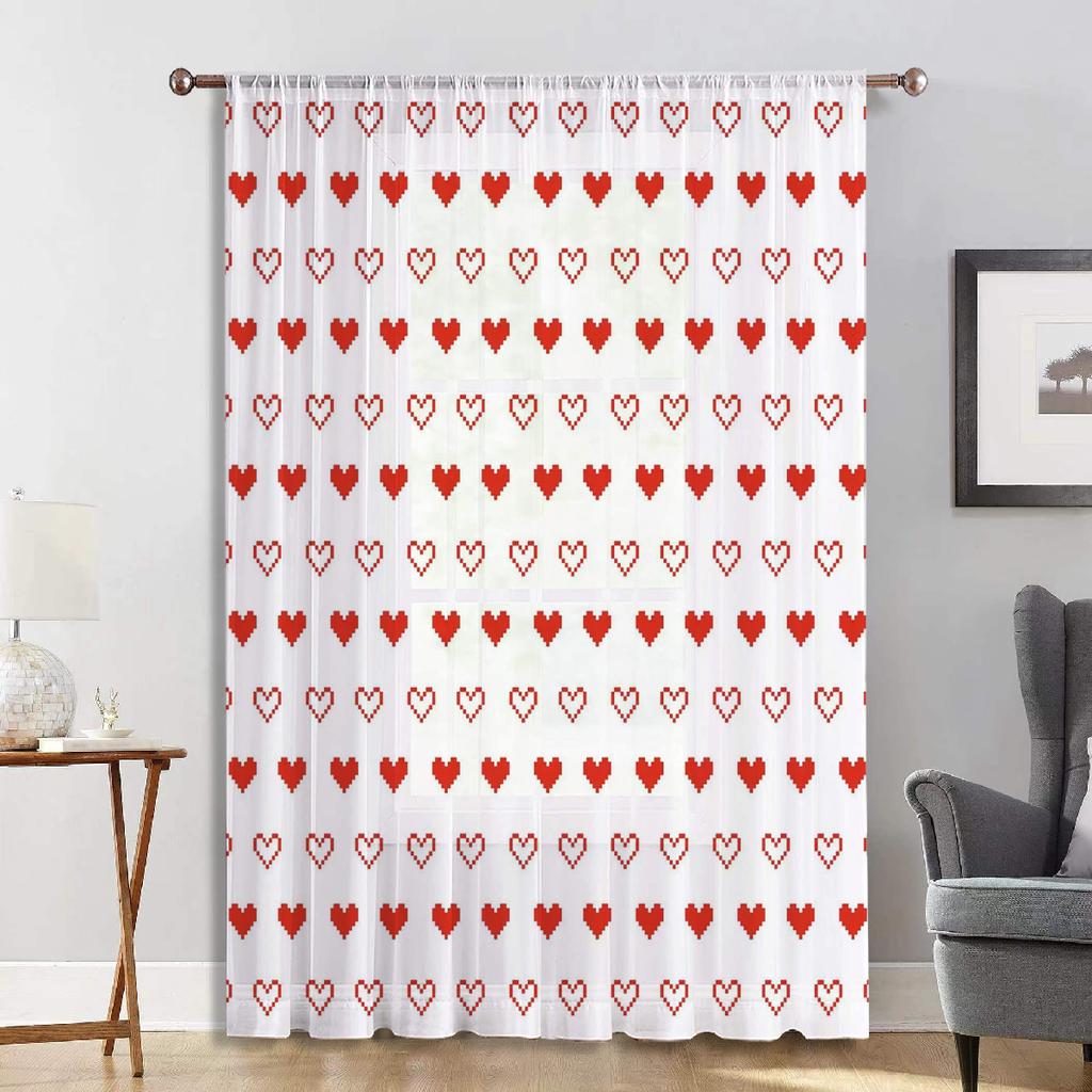 Red Heart Plaid Window Curtain Vintage Cool Romantic Decorative Festive Atmosphere Pole Insertion Window Treatment