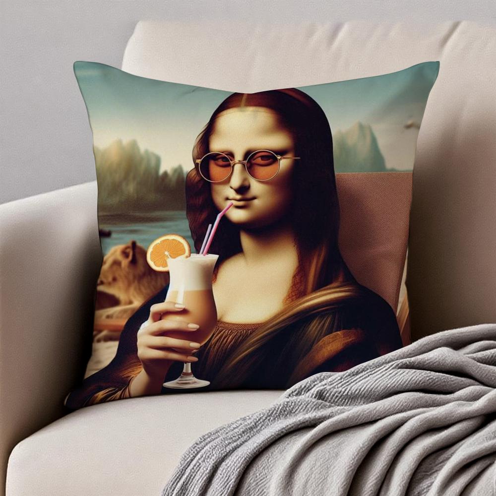 Creative Abstract Funny Art M-Mona Lisa Cushion Cover Pillowcase Anti-Dustmite Invisible Zipper Short Plush Sofa Cushion