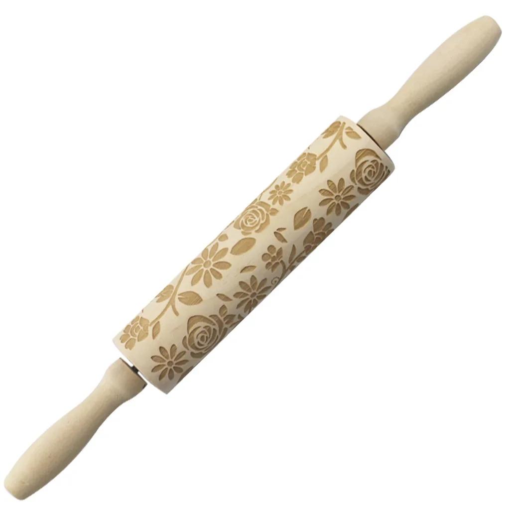 Christmas Decoration Baking Pastry Tool New Year Dough Stick Embossing Roll Pin Laser Wooden Christmas Rolling Pin