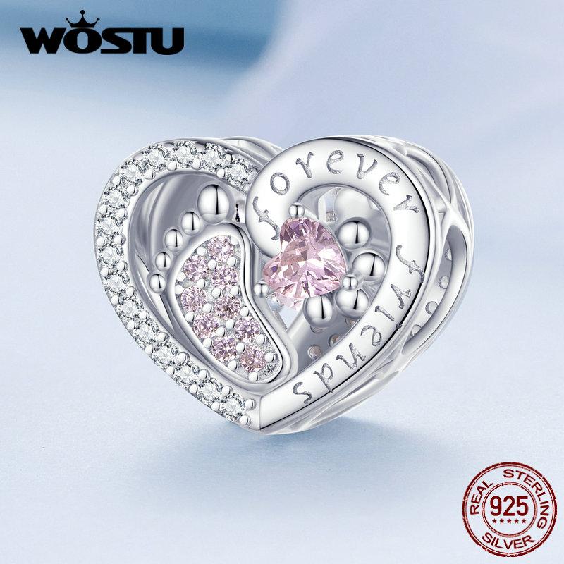 WOSTU 925 Sterling Silver Best Friends Series Pink Pet Paw Heart Charm Infinite Love Beads Fit Original Bracelet DIY Necklace