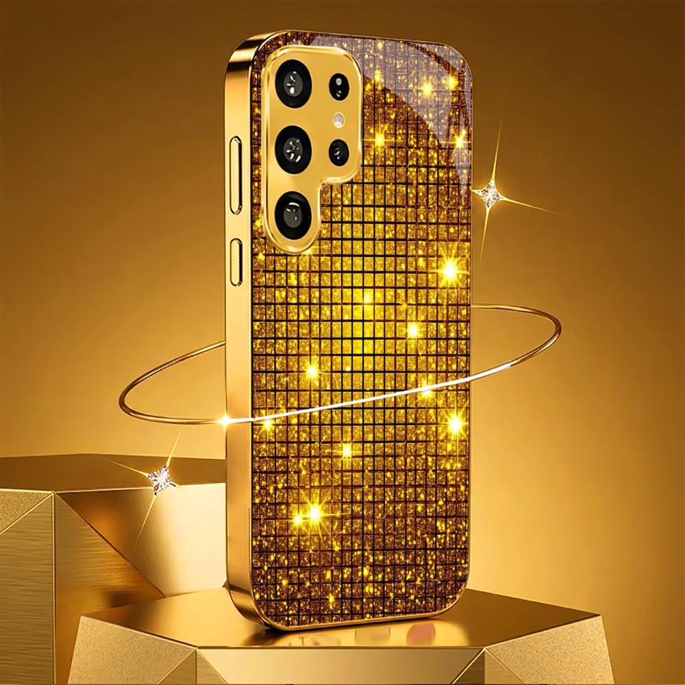 Goldenes Karomuster Glas Handyhülle für Samsung Galaxy S26 S25 S24 S23 S22 FE Ultra Plus Integriertes Glas Gold Exquisit
