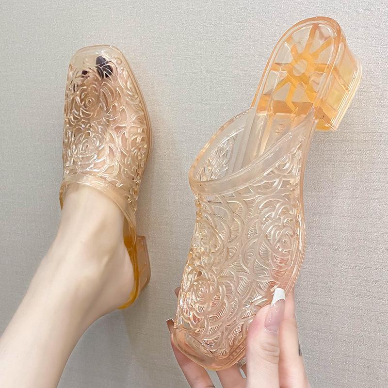 Women's Transparent Crystal Chunky Heel Slippers - Non-slip, Versatile & Fashionable for Summer