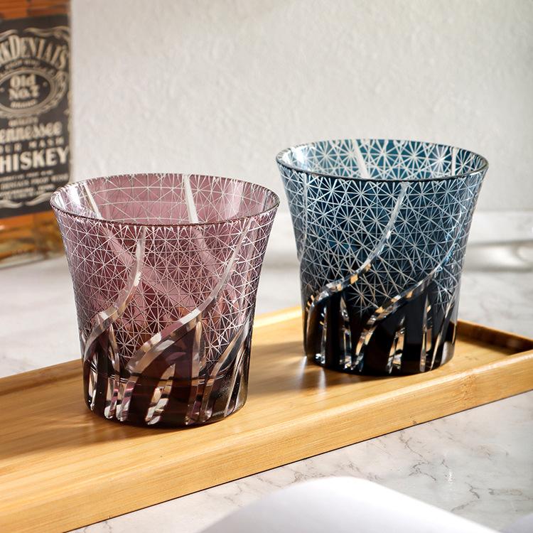 Hand Carved Edo Kiriko Whiskey Glass Japanese Crystal Ocean Heart Barware