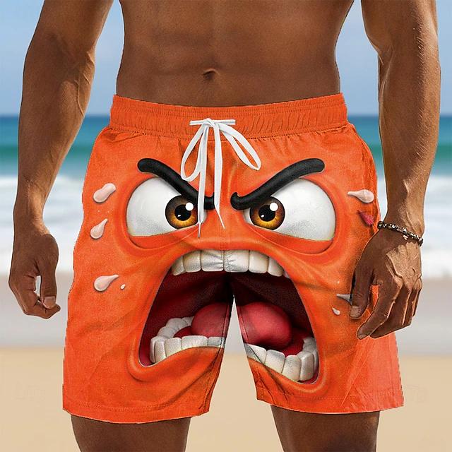 Lustiger Cartoon-Gesichtsdruck Herren Strandshorts Schnelltrocknend Atmungsaktiv Kordelzug Elastischer Bund Social Media Viraler Stil Badehose