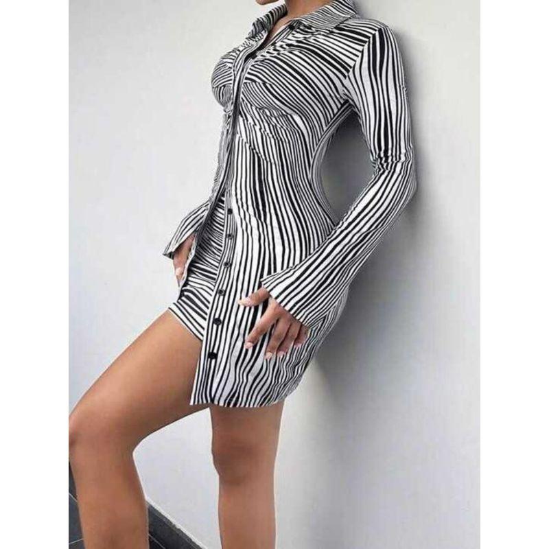 Export Sexy Fashion Sexy Long Sleeves Stripes Breasted Ruched Autumn Slimming Stylish Easiest for Match Shirt Dress plus Size