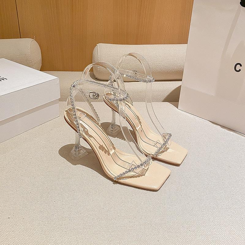 

- Summer Fairy Square Head Silver Rhinestone Thin Belt Diamond Versatile One-word Belt High Heel Sandals Woman 41