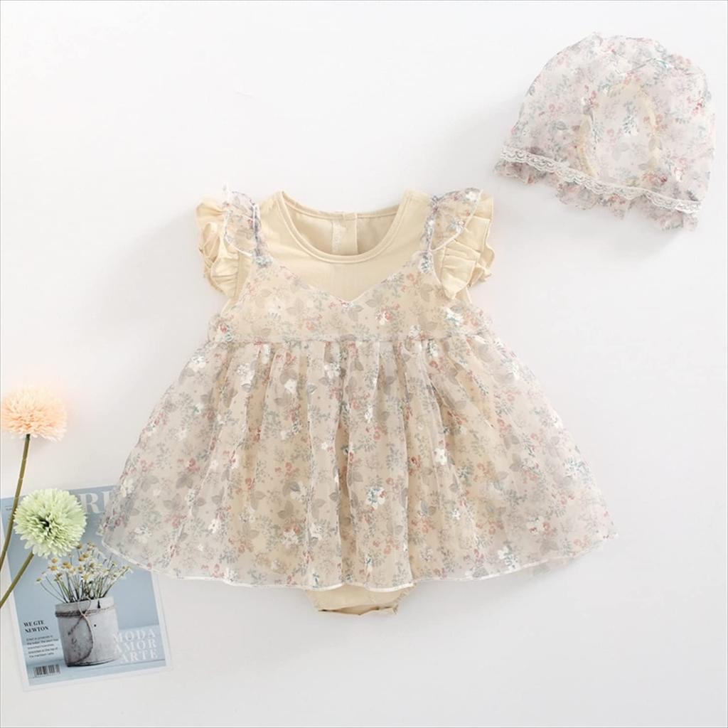 Romper Jumpsuit Bodysuit for Girls Newborn Infant Summer Flare Sleeves Overwear Hat Set Beige 12Months [Misia Luxury] 3-Piece [27156-27160]