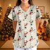 Women's Christmas Print V-Neck Short Sleeve Uniform with Pockets Loose Fit