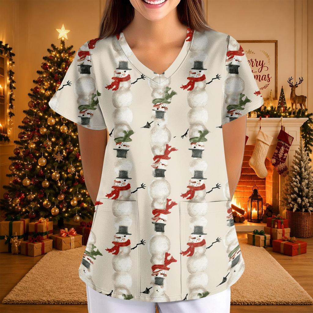 Women's Christmas Print V-Neck Short Sleeve Uniform with Pockets Loose Fit