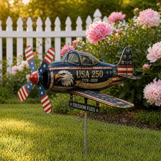 Yousheng USA 250th Vintage Plane Wind Spinner, 1776 2026 Patriotic Helicopter Windmill Stake with Spinning Propeller, 2D Outdoor Metal Airplane
