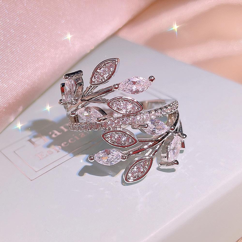 925 Stamps Fashion Winding Interweaving Leaf Ring Creative Leaf Flower Vine Octagonal Flower Zircon Ring Party Birthday Gift