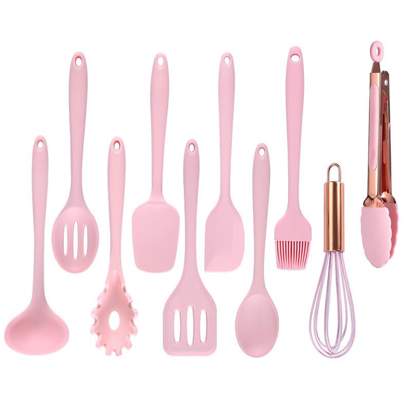 

Мини-силиконовый набор кухонных принадлежностей, 10 предметов, антипригарная лопатка для сковороды, ложка с прорезями, лопаточка, высокотемпературный инструмент для выпечки 10set розовый