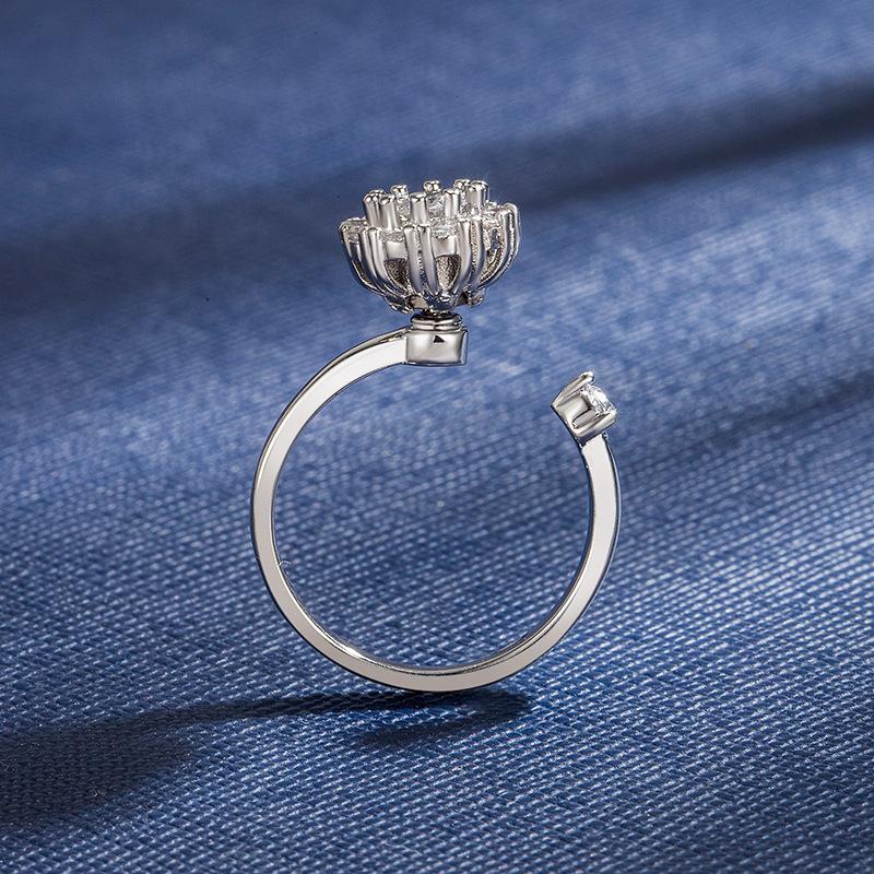 Rotating Korean Style Open Ring for Women with Micro Pave Zirconia Flower Design, High-Quality Electroplated Jewelry Ring for Layering