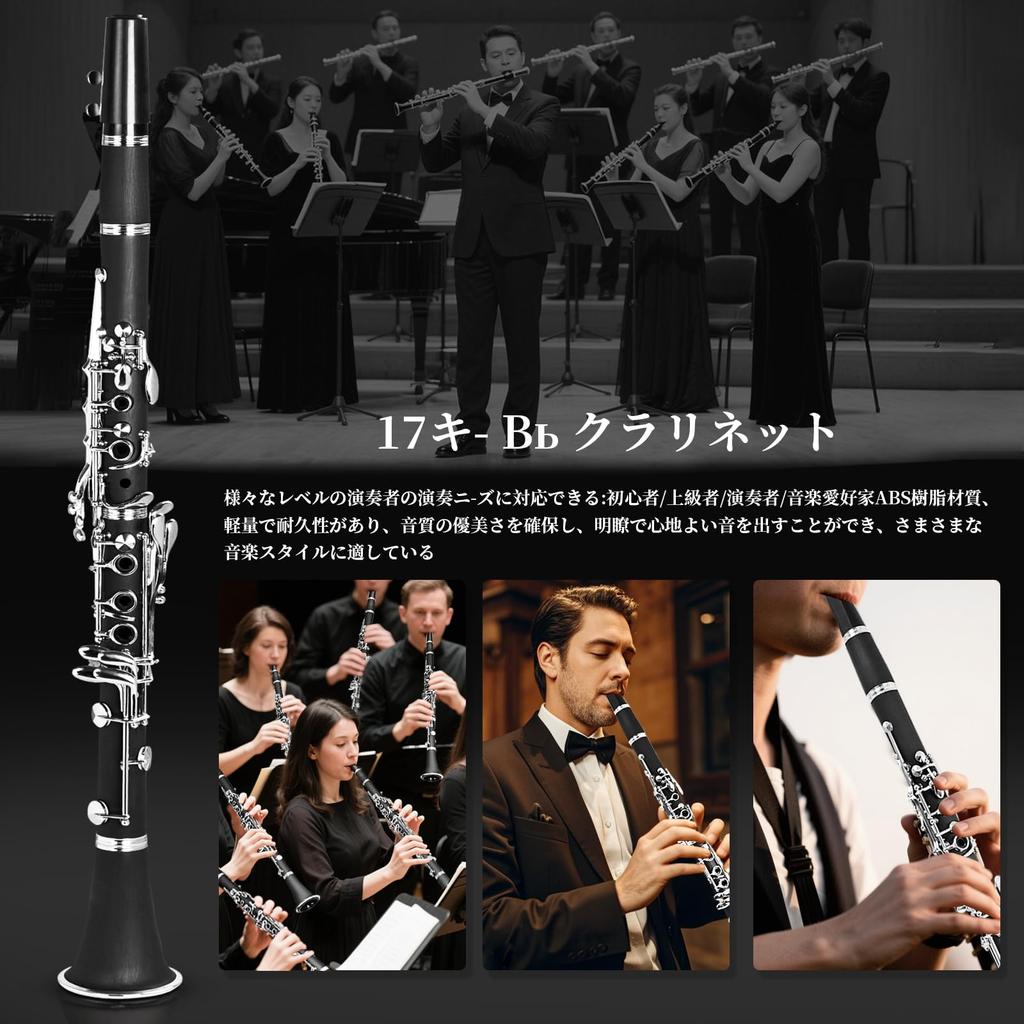 BQKOZFIN Clarinet 17 Keys ABS Resin Body Wind Instrument Set Easy To Clean Black B Nickel-plated Beginner's F-300 (Performance)
