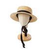 Children's spring and summer new straw flat-top straw hat with straps, outdoor beach travel, sunshade and sun protection, wide-brimmed straw hat