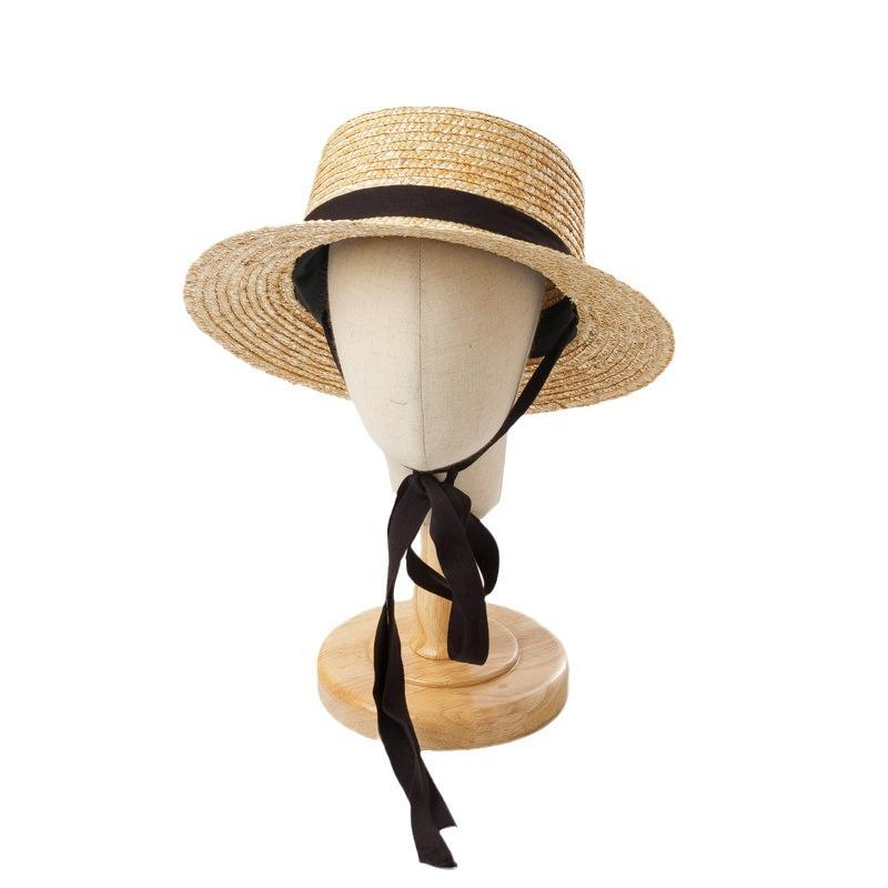 Children's spring and summer new straw flat-top straw hat with straps, outdoor beach travel, sunshade and sun protection, wide-brimmed straw hat