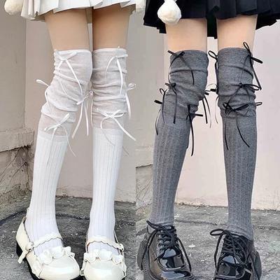 Lolita Lange Socken Damen Bandage Band Schleife Süße Mädchen Kawaii Niedlich Über Knie Socken Ballett Stil Einfarbig Schwarz Weiß Socken