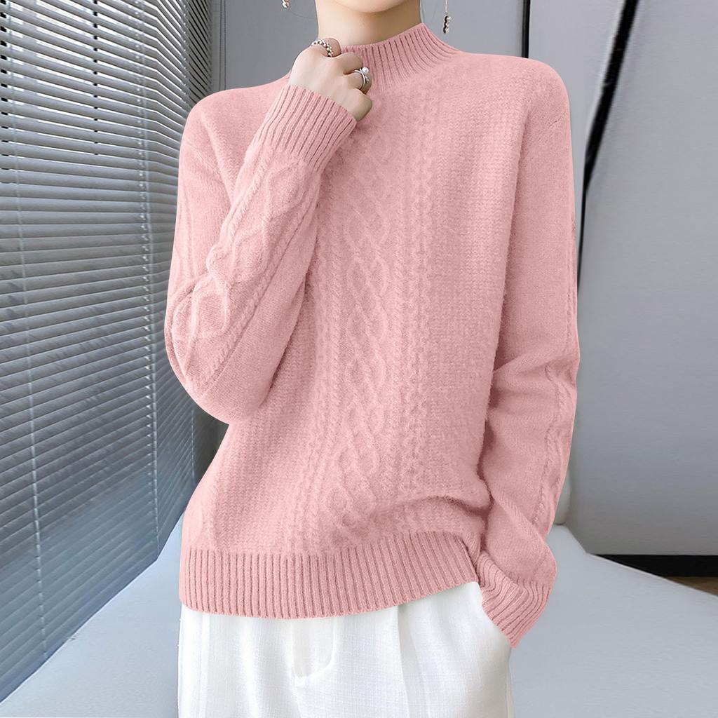 Women's Long Sleeved Knitted Sweater Twisted Pattern Half High Collar Top