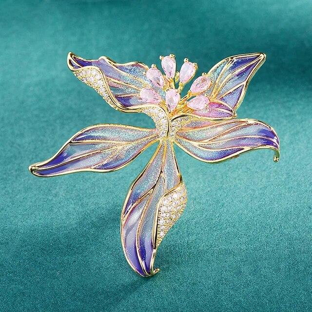 Nové nádherné smaltované brože orchideje Špičkové zirkony Elegantní temperamentní oblek Kabát Doplňky Dámské květiny Odznaky brože Dárek