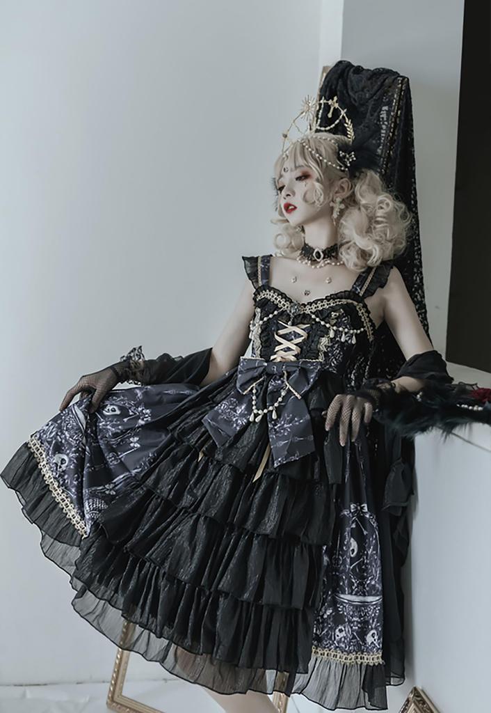Gothic Lolita JSK Jumper Skirt with Ribbon and Sickly Gothic Mori Idol Size M [XHSUKADO] Lace, Lace-Up, Women's Dress, Cute, Ruffled, Style, Girl,