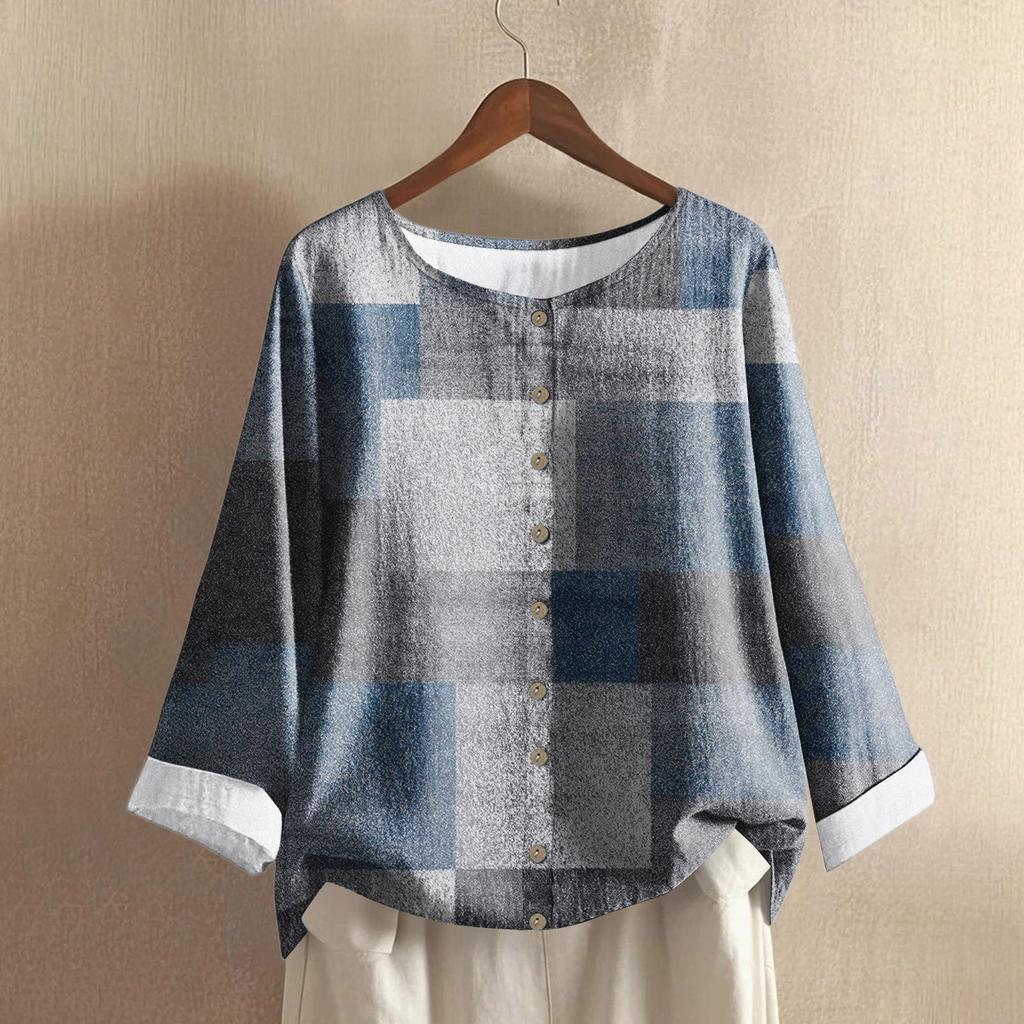Women's Casual Long-sleeved Round Neck Retro Geometric Print Cotton And Linen Top