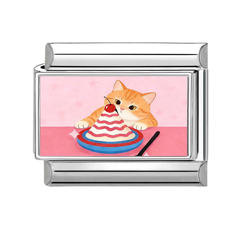 Women's Gift Cute Cat Looks At The Cake DIY Italian Charm Links Beads Fit 9mm Stainless Steel Modular Bracelet Jewelry Gift