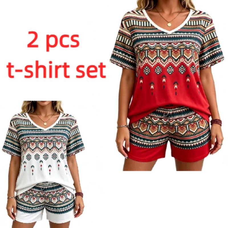 European Streets Summer Fashion Bohemian Ethnic Style Printed V-Neck Short Sleeved T-Shirt And Shorts Set Women's and Men's T-shirt Shorts Set
