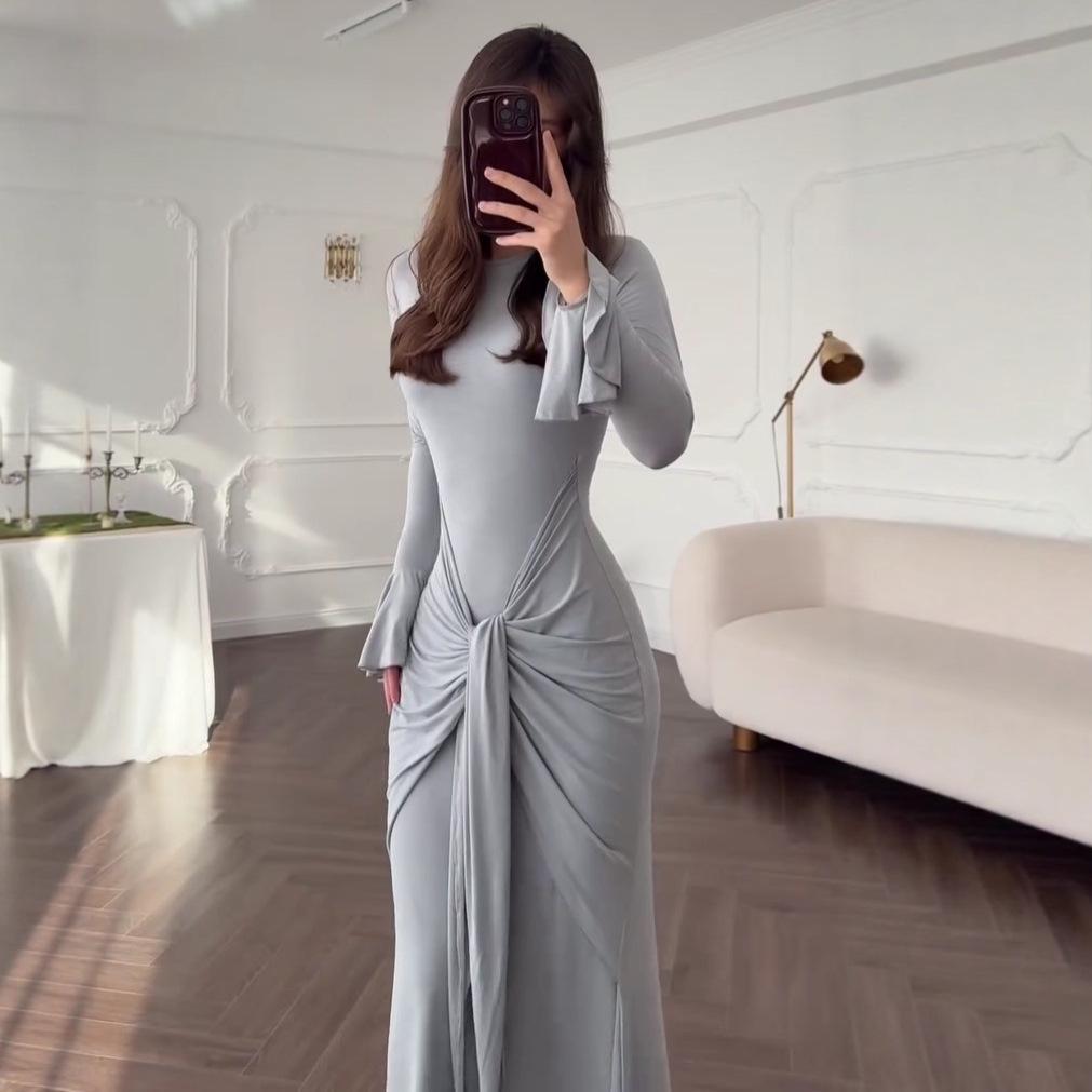 2025 Summer European & American Women's Tie Waist Long Sleeve Slimming Dress