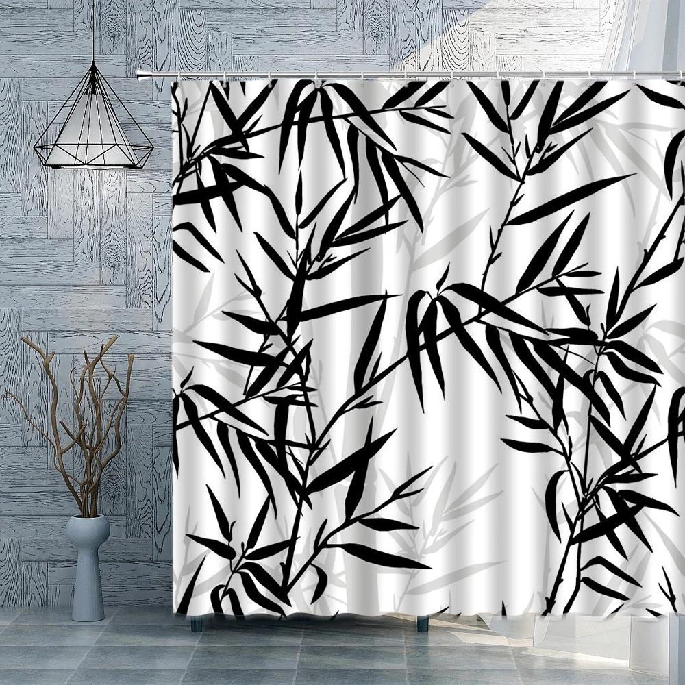 Bamboo Shower Curtain Plant Ink Painting Bathroom Curtain PolyesterFabric White Background Home Decoration With Hook Bath Decor