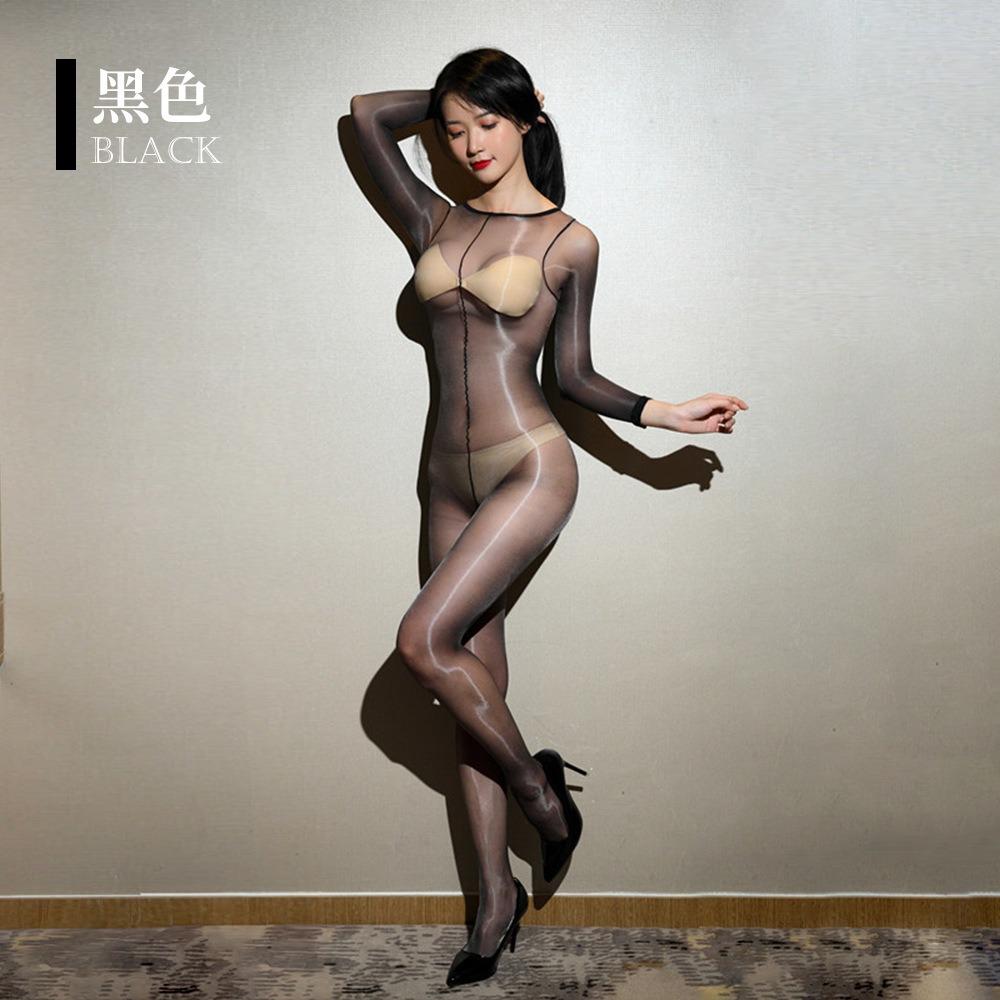 Qinghe Aurora 0.1d Ultra-thin Silky One-piece Full Body Transparent Women's Open Crotch Men's Oily Stockings