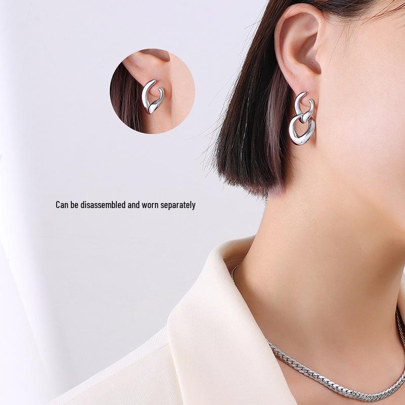 French-Inspired Trendy Double Ring Detachable Titanium Steel Stud Earrings, 18K Gold-Plated Jewelry F539.