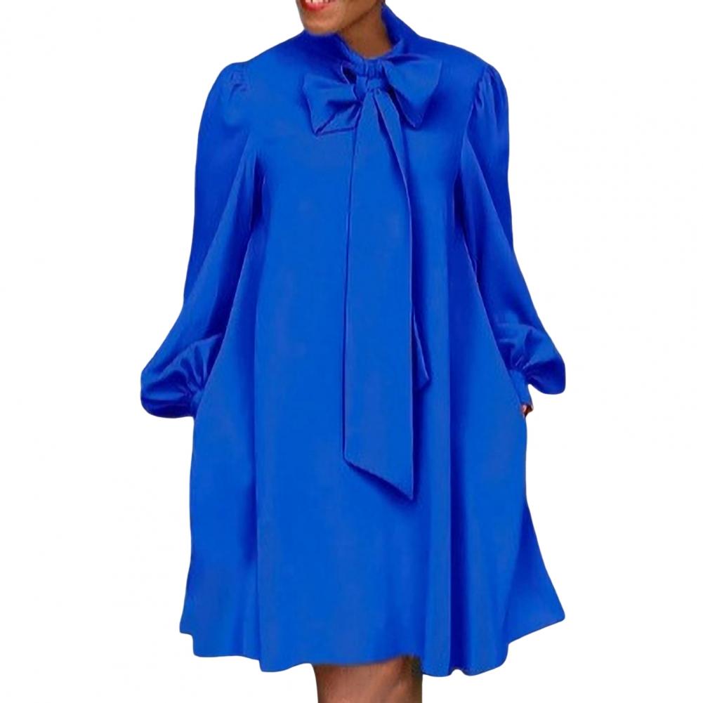 Damen Lockeres Kleid Schnürung Schleife am Hals Lange Laternenärmel Einfarbig Knielang Formell OL Pendler Midi-Kleid