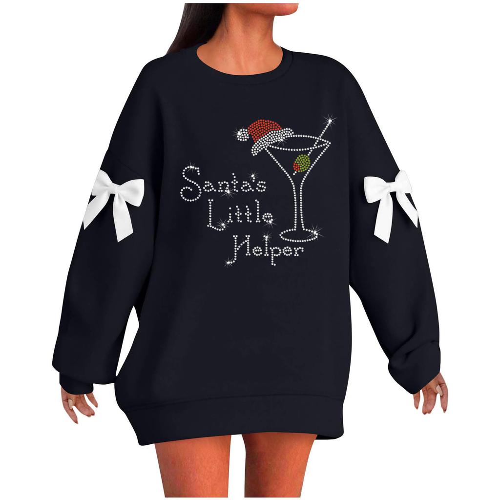 Ladies' Christmas Printed Bow Round Neck Long Sleeved Loose Pullover Sweater Sweatshirt Top