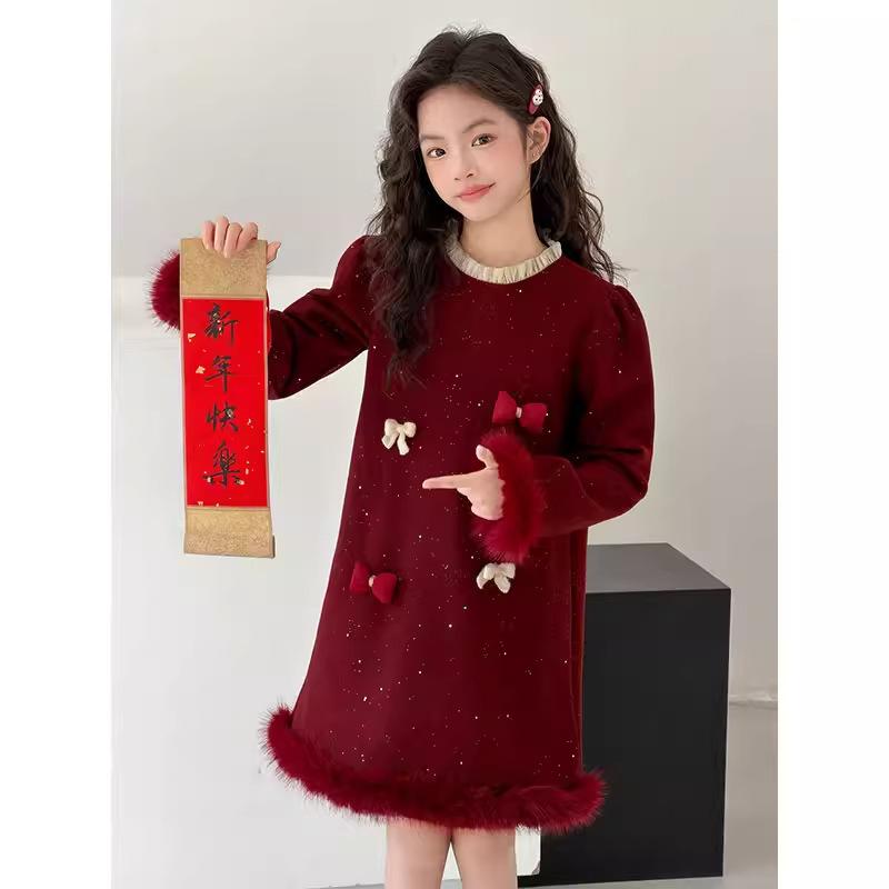 Robe en Dentelle à Nœud pour Filles Automne Hiver Douce Mode Manches Longues Robe de Soirée Pour Grands Enfants