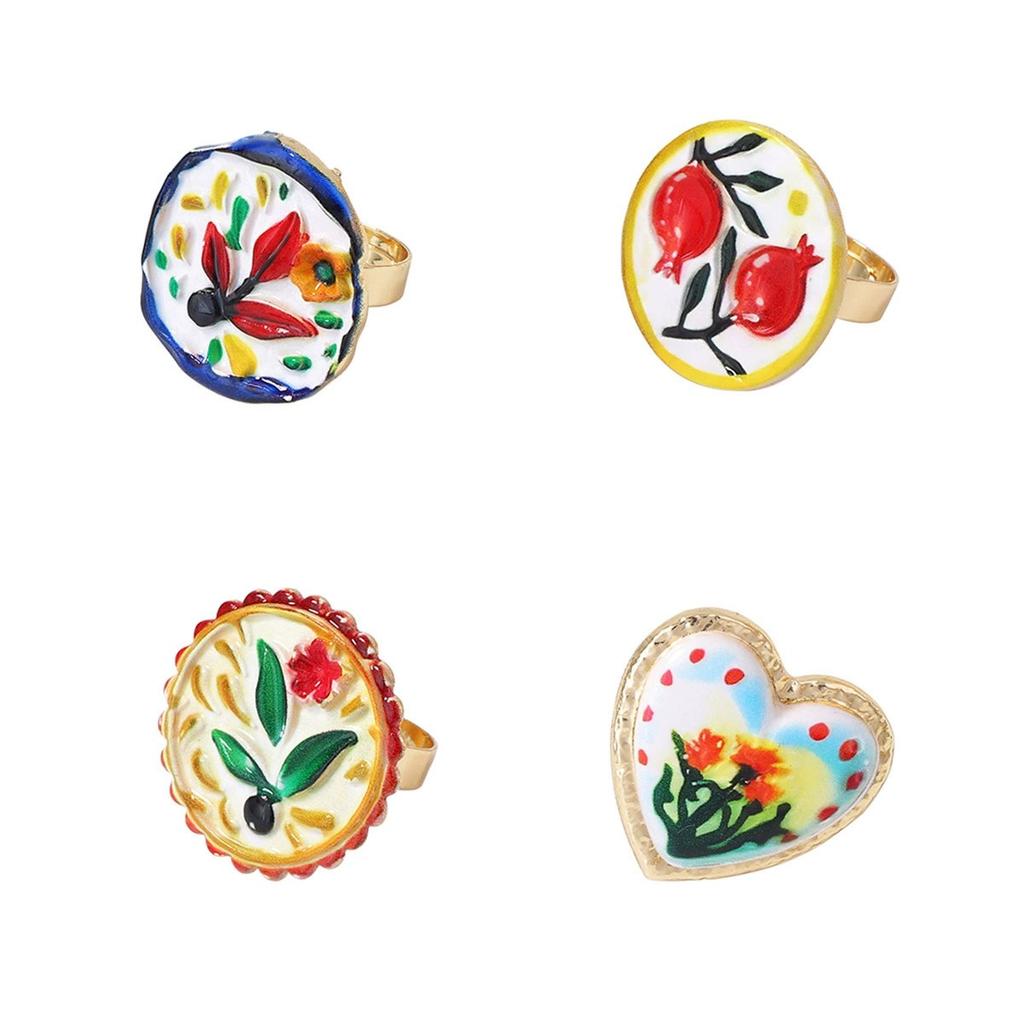 New Ethnic Style Colorful Drip Oil Flower Open Rings for Women Exquisite Metal Geometric Temperament Party Jewelry Accessories