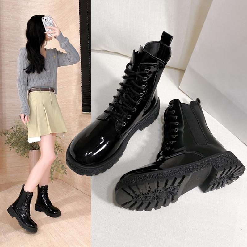 Women's Boots Medium Heel Round Head Cut West Boots 2025 Autumn New Korean Version Patent Leather Women's Shoes Comfortable Martin Boots