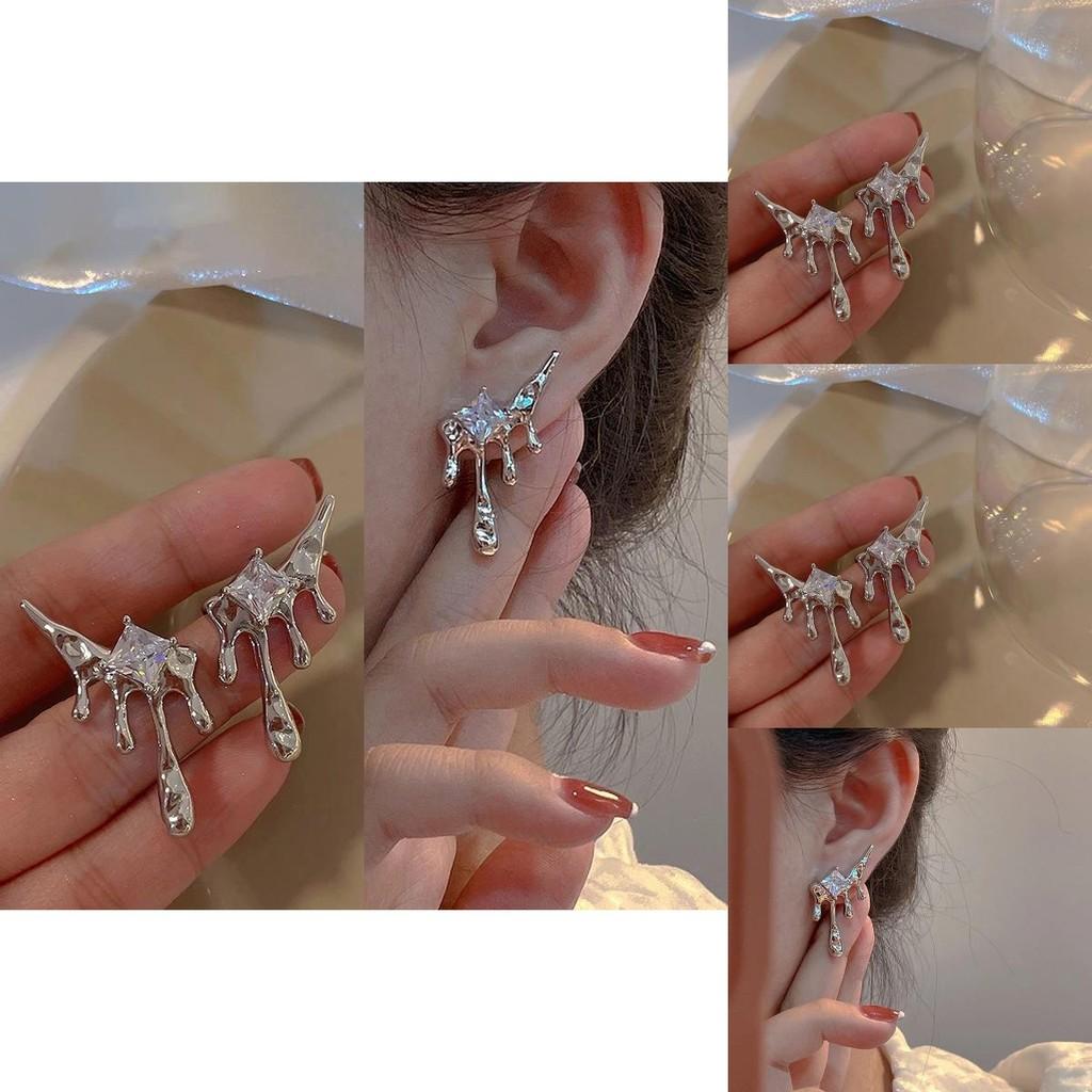 Stylish Asymmetric Teardrop Diamond Earrings Plated Geometric Studs For Women 2023