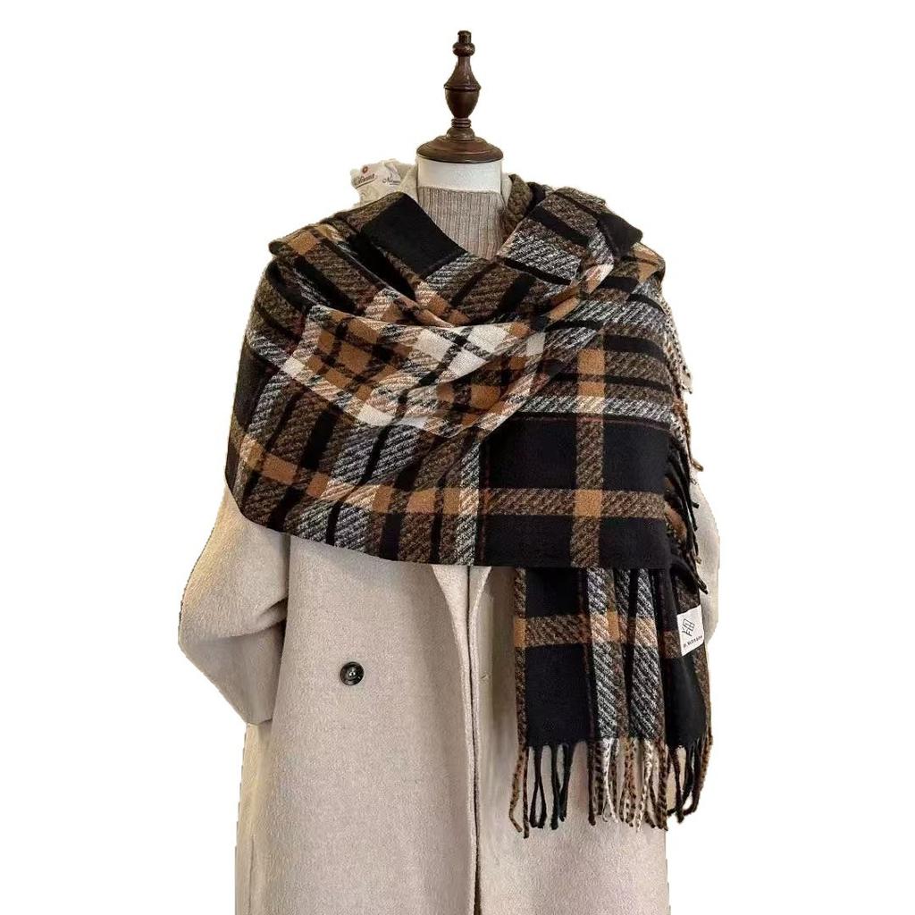 Korean Contrasting Color Plaid Scarf Women's Autumn and Winter Imitation Cashmere Fringed Shawl Dual-purpose Simple Temperament Versatile Long Scarf