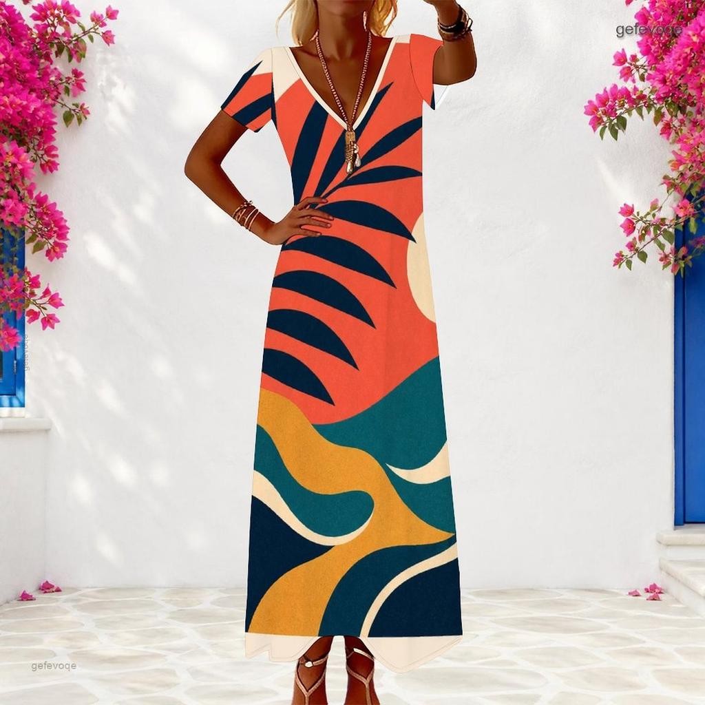 Women Plus Size V Neck Short Sleeve Printed Gradient Maxi Dress