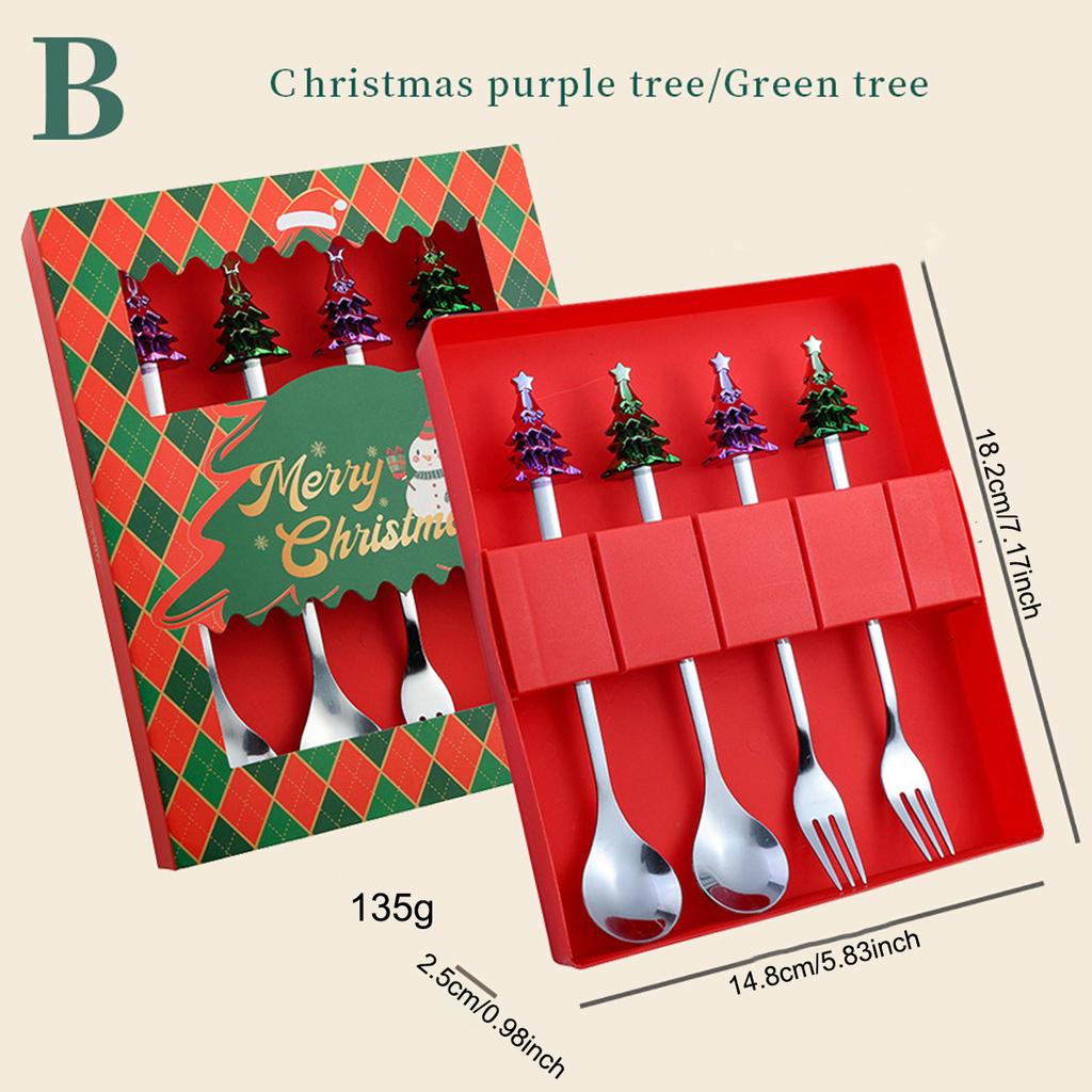 4Pcs Snowman Christmas Tree Cutlery Set Fork Spoon Dinnerware Set with Gift Box Stainless Steel Gold Flatware Party Tableware