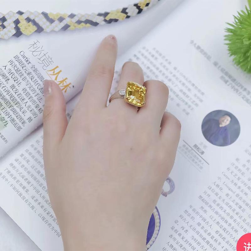 Lulu Tong S925 Silver Square Emerald-Cut Ring with Simulated High Carbon Diamond for Women