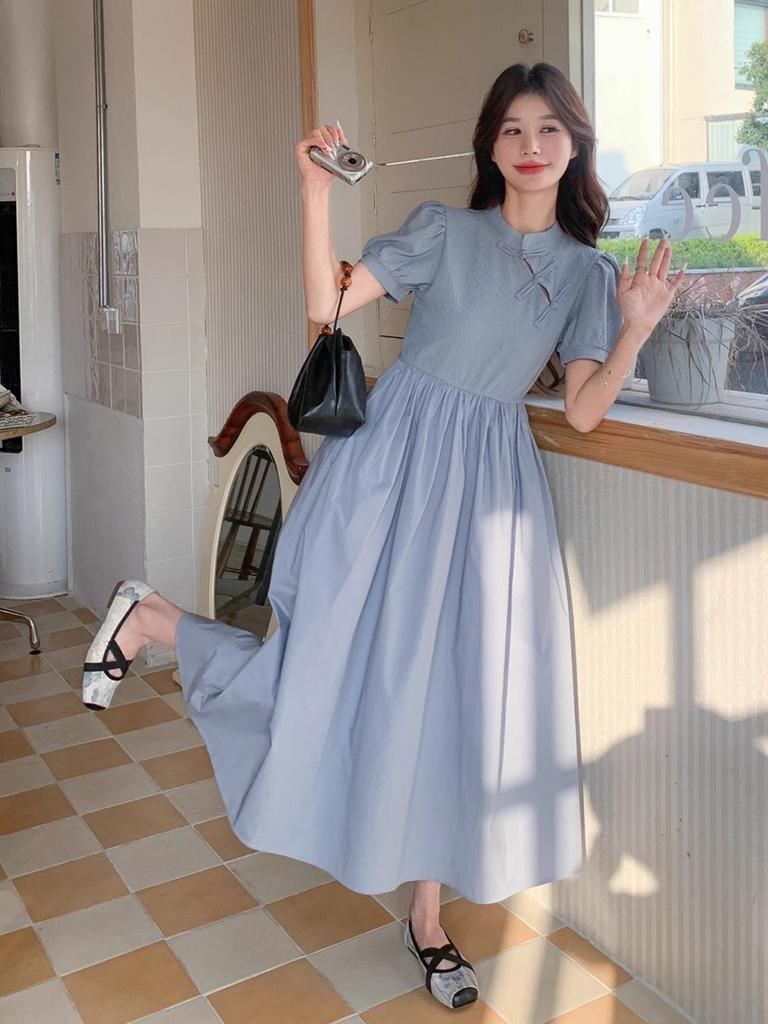 Blue New Chinese Dress, Summer Women's New Cheongsam Improved, Light and Mature, Foreign Style and Thin Long A-shaped Skirt