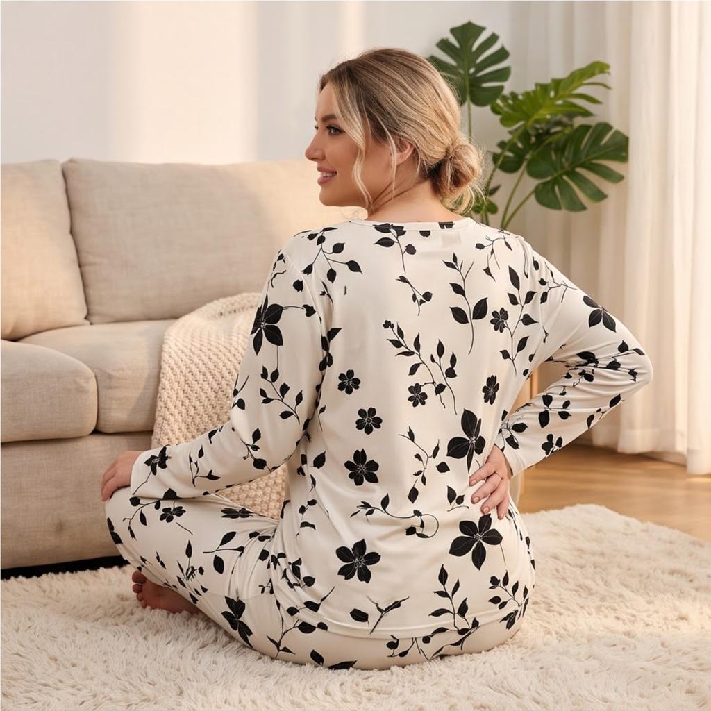 Women's V-Neck Pajama Set Long Sleeve Top and Pants Loose Fit Plus Size Two-Piece Loungewear for Spring and Fall