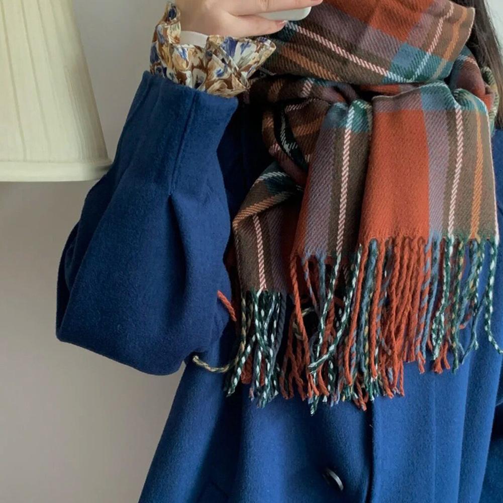 Women Winter Warm Scarf Trendy Sweet Plaid Tassel Imitation Cashmere Neck Warmer For Birthday Gifts