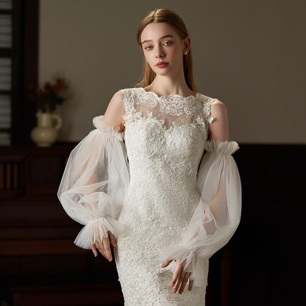 Elegant Yarn Bridal Arm Sleeves Breathable Pleated Lace Arm Covers Thin Lantern shaped Detachable Sleeves Women