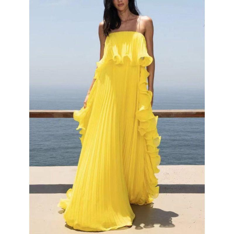 European and American Fashion Women s Clothing, Strapless Pleated Ruffle Dress, Elegant and Stylish Long Dress Yellow S