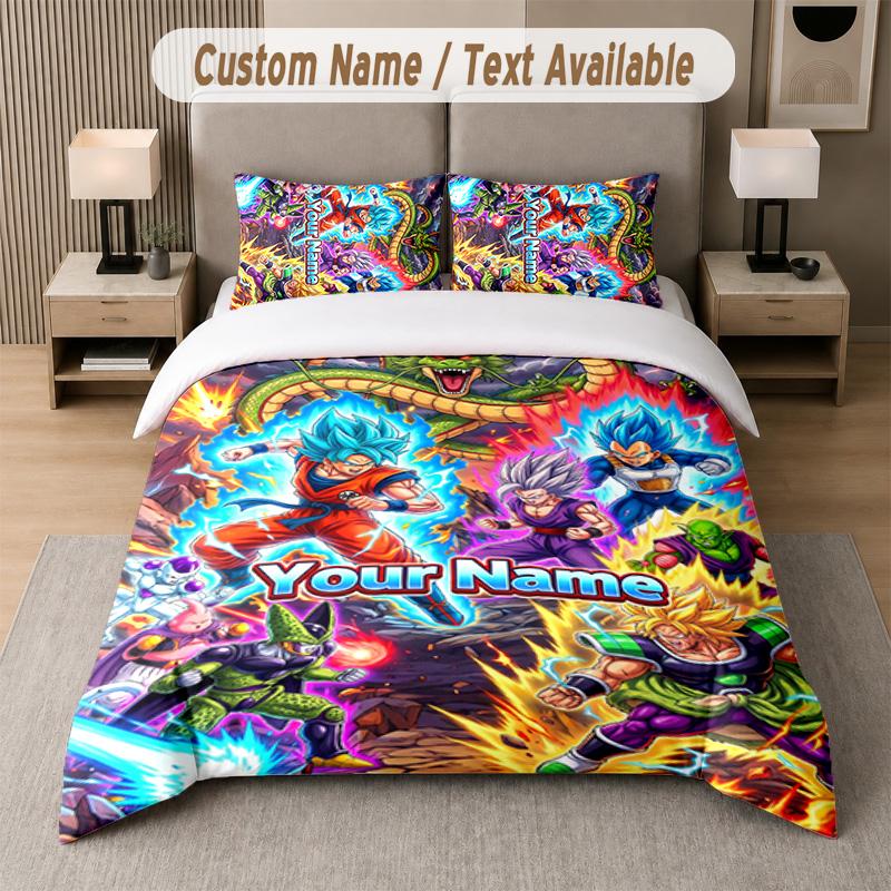 Dragon Ball 3Pcs Bedding Set, Personalized Custom Name Text, 1 Duvet Cover & 2 Pillowcases For Bedroom